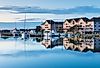 View of the town of Manteo's waterfront marina at daybreak in the Outer Banks of North Carolina.