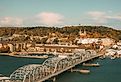 Aerial view of Sturgeon Bay, Wisconsin during fall and the historic Sturgeon Bay Bridge.