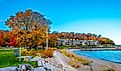 View of Sister Bay coastline with homes on the shore