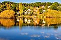 Scenic lakeside houses in the town of Daylesford, Victoria.