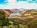 Aerial view of Flaming Gorge National Recreation Area located between Utah and Wyoming, a reservoir on the Green River, created by Flaming Gorge Dam