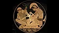 Achilles tending Patroclus wounded by an arrow, identified by inscriptions on the upper part of the vase.