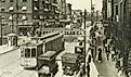 Looking east on Euclid Avenue at East 105th Street in Cleveland, showing the installation of an early electric traffic signal. By Engineering News - (3 December 1914). "Street Crossing Traffic Signals, Cleveland, Ohio". Engineering News 72 (23): 1130. New