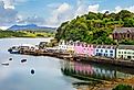View of the Portree Harbor in Portree, Scotland.