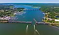Aerial view of the Connecticut River flowing past Old Saybrook.
