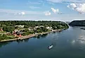 Aerial of the Niagara River and a boat at the village of Lewiston, New York. 