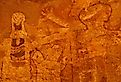 Close up of pictographs painted on cave wall by prehistoric Native American(s), possibly thousands of years old. Remote cave inside Grand Canyon National Park, Arizona.