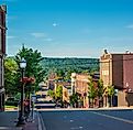 The business district of Marquette, Michigan, on a hillside along Main Street.