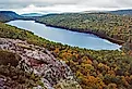 A bird’s eye view of autumn on Lake of the Clouds in the Porcupine Mountains Wilderness State Park in Michigan’s Upper Peninsula.