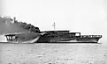 Akagi on trials off the coast of Iyo, 17 June 1927, with all three flight decks visible. Public Domain, Wikimedia
