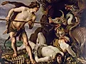Cadmus fighting the Dragon. Cadmus is believed to be the first leader of Thebes. Illustration by: Hendrick Goltzius.