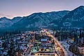 Aerial view of Leavenworth, Washington at sunset in December