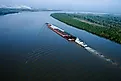 Aerial of barge on Mississippi River in Baton Rouge, Louisiana.