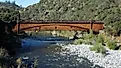 Side view of the bridgeport Covered Bridge at South Yuba River in California, USA. This bridge has the longest clear span of any surviving covered bridge in the world