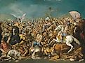 A classical battle, probably depicting the defeat of Hannibal by Scipio Africanus Major (circa 235-183 B.C.).