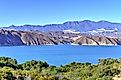 Cachuma Lake against mountains near Santa Barbara in California.