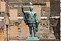 Statue of the Emperor Octavian at the Roman Forum with a seagull on his head.