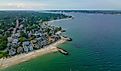 Pequot Point Beach and New London Harbor Lighthouse at the mouth of Thames River in city of New London, Connecticut.