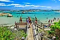 Wooden staircase to Greens Pool with people swimming and canoeing on the sheltered waters of William Bay, Denmark, Western Australia. Image credit Benny Marty via Shutterstock.