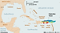 The purple sea floor at the center of the view is the Puerto Rico Trench, the deepest part of the Atlantic Ocean.