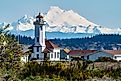 Mount Baker and lighthouse in Port Townsend, Washington