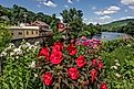 View of the picturesque town of Shelburne Falls, Massachusetts, and its scenic Bridge of Flowers.