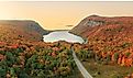 Epic aerial panorama of Lake Willoughby in Vermont at sunrise.