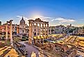 Rome sunrise city skyline at the Rome Forum, Rome, Italy.
