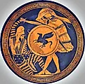 Greek hoplite and Persian warrior fighting each other. Depiction in ancient kylix. 5th c. B.C. National Archaeological Museum of Athens. Image via Wikimedia Commons.