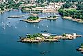 Aerial view of New Rochelle, New York harbor and coastline