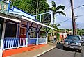 Street view in Makawao, Hawaii, with its colorful shops.