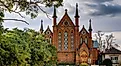 The brick front of the former Congregational, then Presbyterian Church, a landmark in the historic goldfields town in Castlemaine, Victoria, Australia. Editorial credit: lurchman / Shutterstock.com