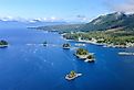 Aerial view of small islands at Misty Fjords National Monument, Alaska.