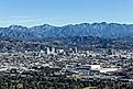Aerial view of Downtown Glendale and San Gabriel Mountains in Los Angeles County, California.
