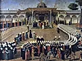 Selim III receiving dignitaries during an audience at the Gate of Felicity, Topkapı Palace. Painting by Konstantin Kapıdağlı.