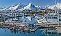 View of the Chugach Mountains and Valdez boat harbor in Valdez, Alaska.