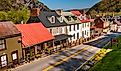 Historic buildings and shops on High Street in Harpers Ferry, West Virginia.