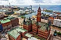Aerial view of Helsingborg City Hall and the port of Helsingborg, Sweden. Editorial credit: Collection Maykova / Shutterstock.com