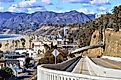 Beautiful scenery of the Santa Monica gulf and mountains over renewed Pacific Highway descent. California.