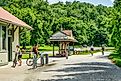 Cyclists at Rocheport station on Katy Trail in Rocheport, Missouri. Editorial credit: marekuliasz / Shutterstock.com.