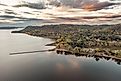 Sunset drone photos over Lake Pepin on the Mississippi River in Stockholm, Wisconsin