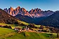Santa Maddalena village with the magical Dolomites mountains in the background.