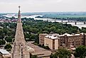 An aerial view of a cathedral near the Missouri river in Yankton, South Dakota