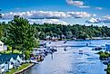View of boats in Paugus Bay, in Weirs Beach, Laconia, New Hampshire.