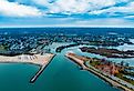 Drone view of entrance to Ash Creek Harbor Fairfield Black Rock, Connecticut.