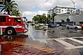 Firefighter truck in Miami South beach Lenox Ave flood aftermath of Hurricane Sandy. 