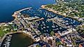 Aerial view of Rockport Harbor in Rockport, Massachusetts.