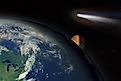 An Illustration of a Comet Passing Near Earth and the Moon