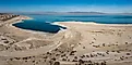 Aerial view of the receding shoreline and lagoon at Salton Sea Beach