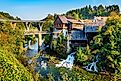 The modern viaduct over the Slunjcica River in Rastoke village of Slunj, Croatia.